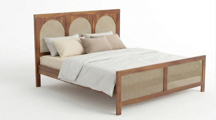 Solid Wood Bed Frame with Triple Arch Rattan Headboard, White Background, Isometric View