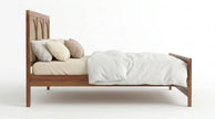 Solid Wood Bed Frame with Triple Arch Rattan Headboard, White Background, Side View