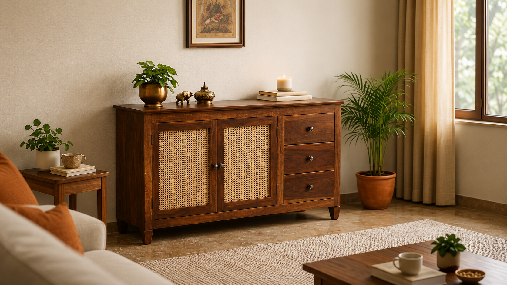 Solid Wood Cane Sideboard Cabinet Wooden Storage Console with Drawers