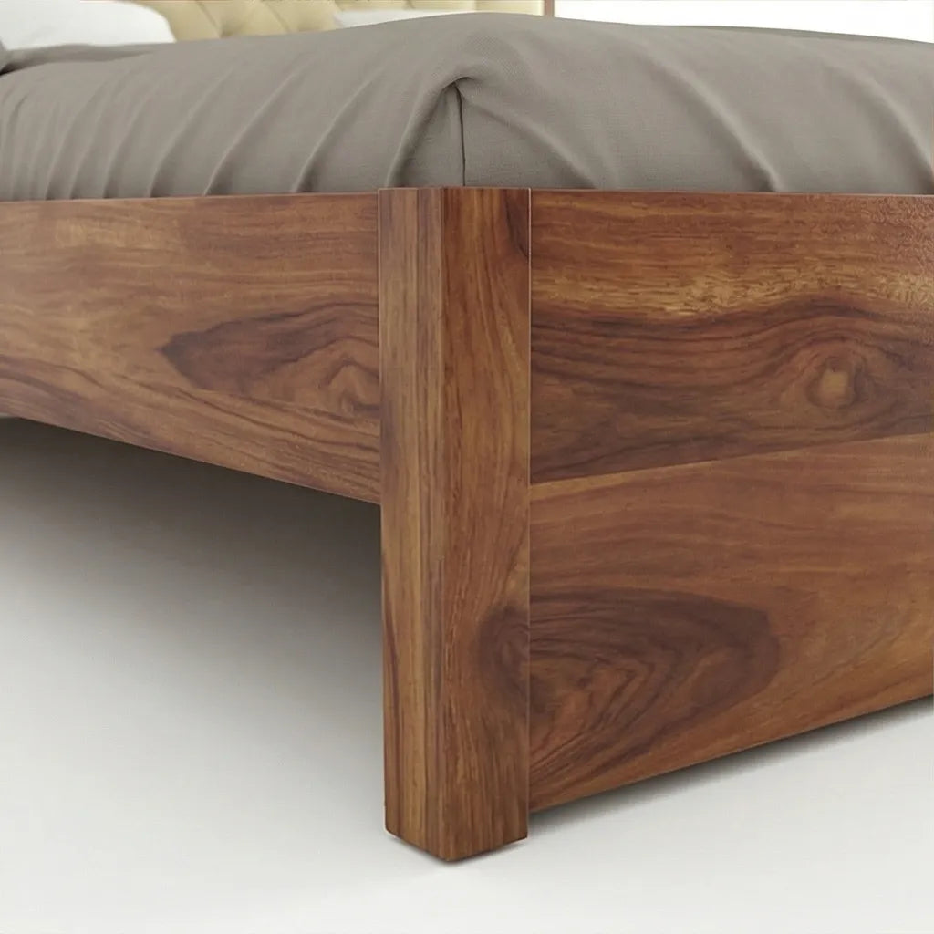 Solid Wood Storage Bed Frame with Tufted Headboard, White Background, Fooboard Closeup View