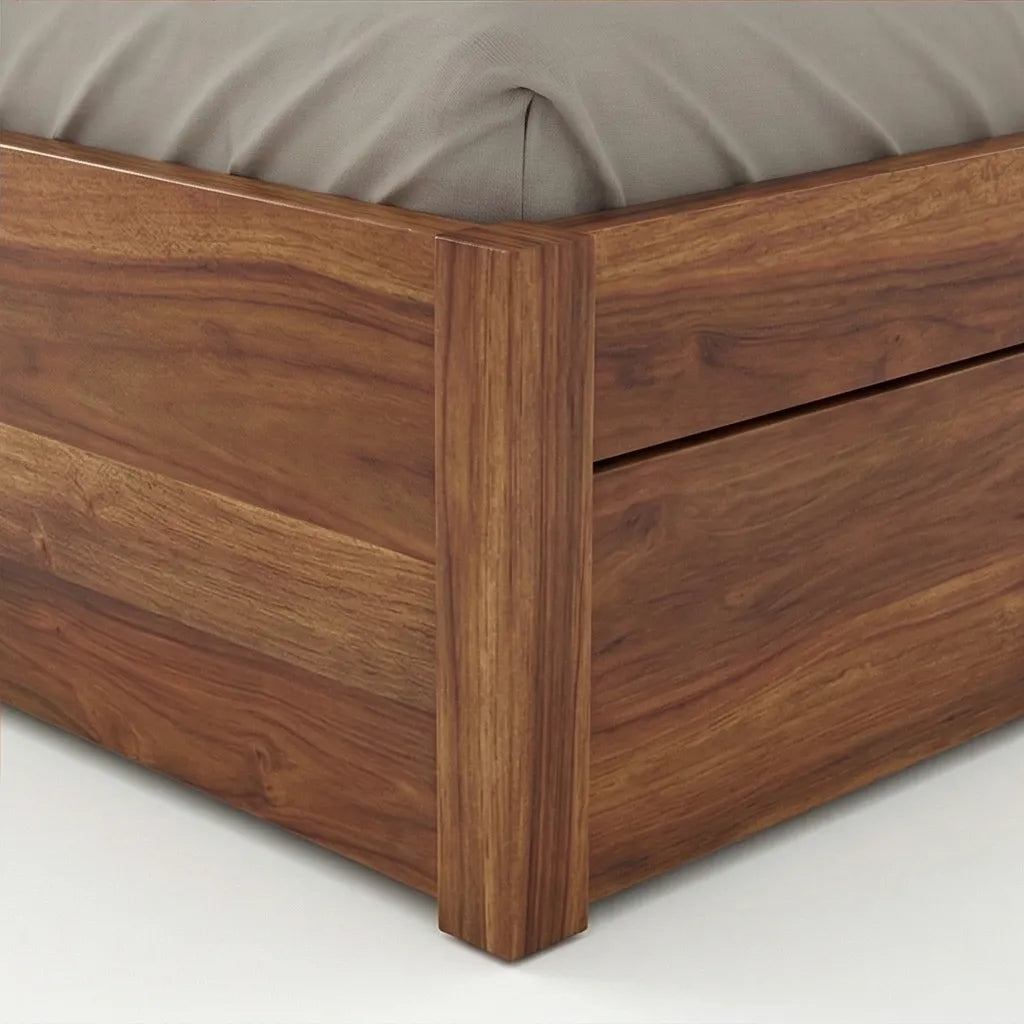 Solid Wood Storage Bed Frame with Tufted Headboard, White Background, Fooboard Corner Closeup View