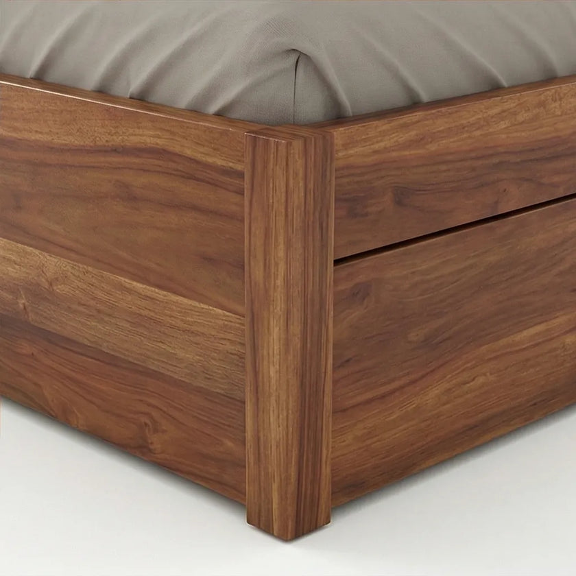 Solid Wood Storage Bed Frame with Tufted Headboard, White Background, Fooboard Corner Closeup View