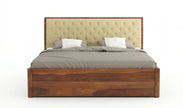 Solid Wood Storage Bed Frame with Tufted Headboard, White Background, Front View