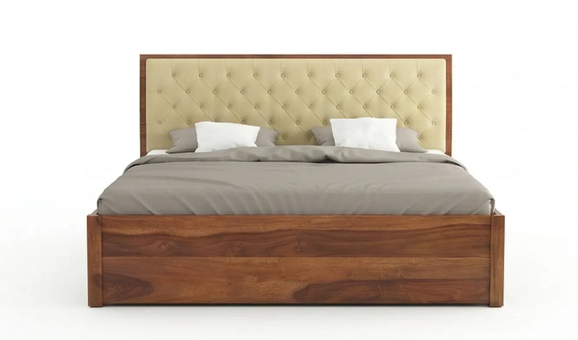 Solid Wood Storage Bed Frame with Tufted Headboard, White Background, Front View