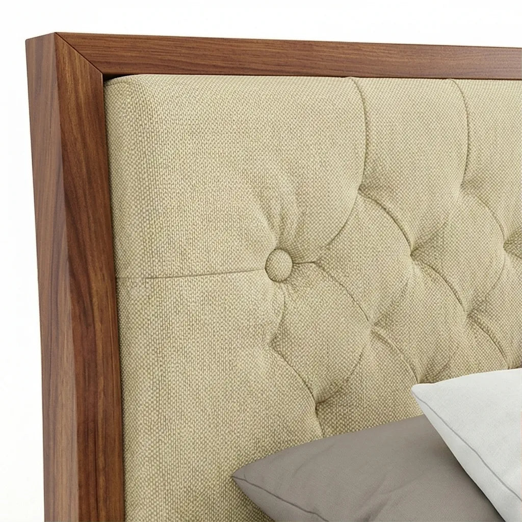 Solid Wood Storage Bed Frame with Tufted Headboard, White Background, Headboard Closeup View