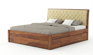 Solid Wood Storage Bed Frame with Tufted Headboard, White Background, Isometric View