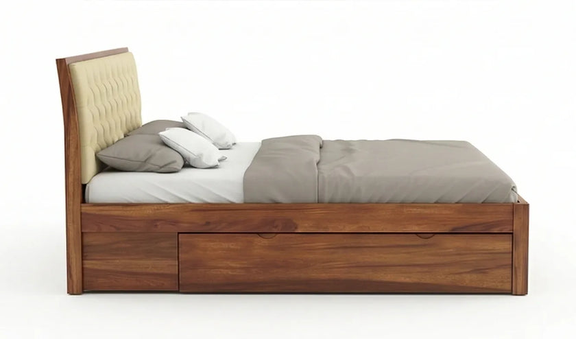Solid Wood Storage Bed Frame with Tufted Headboard, White Background, Side View