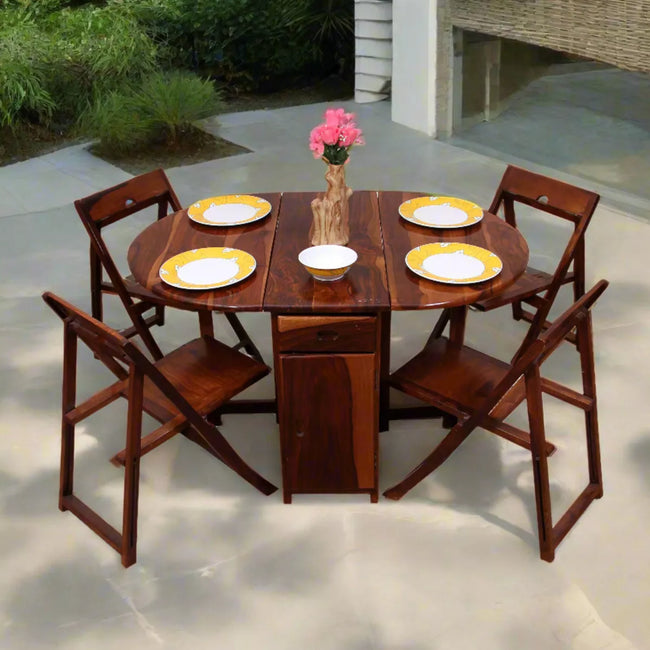 Spicy Sheesham Modern 4 Seater Foldable Dining Set with Drawers