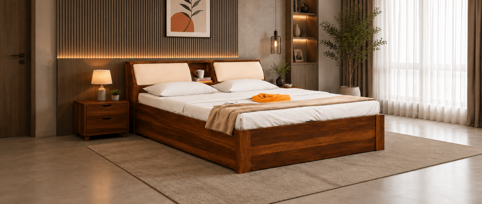 Teriota Solid Sheesham Wood Bed With Storage Headboard