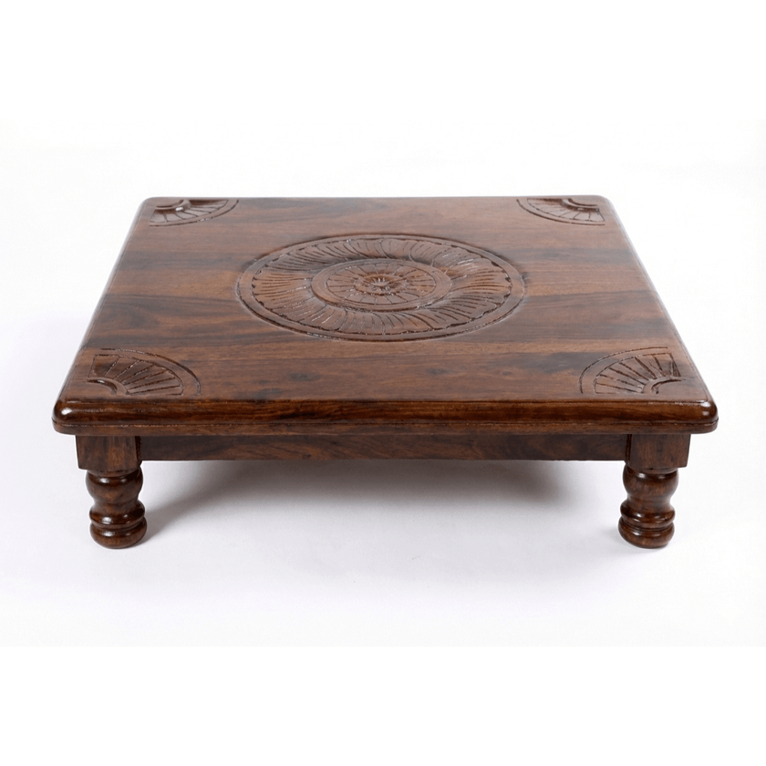 Traditional Solid Sheesham Wood Bajot with Hand-Carved Detailing - Induscraft