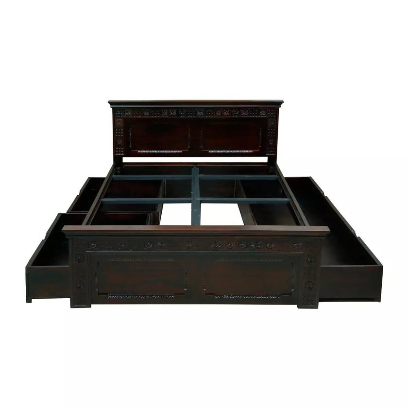 Traditional Solid Sheesham Wood Heritage Style Carved Wooden Bed