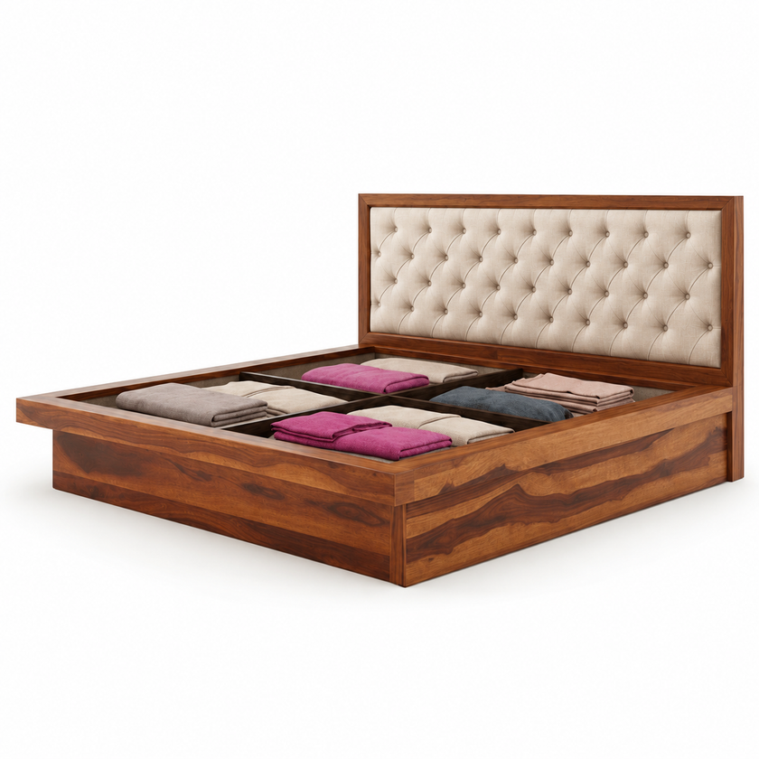 Aranya Low Profile Solid Wood Bed with Upholstered Headboard