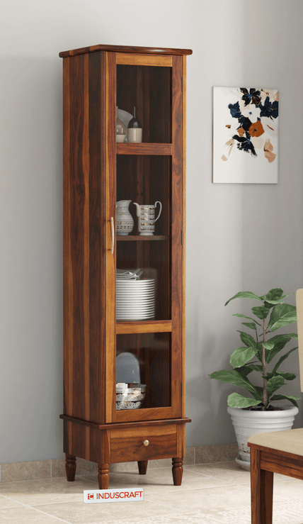 Tura Sheesham Tall Slim Glass Door Display Cabinet with Drawer