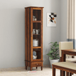 Tura Sheesham Tall Slim Glass Door Display Cabinet with Drawer