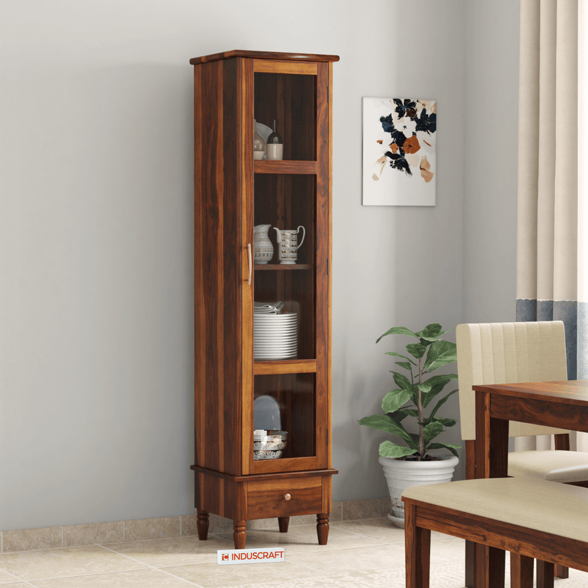 Tura Sheesham Tall Slim Glass Door Display Cabinet with Drawer