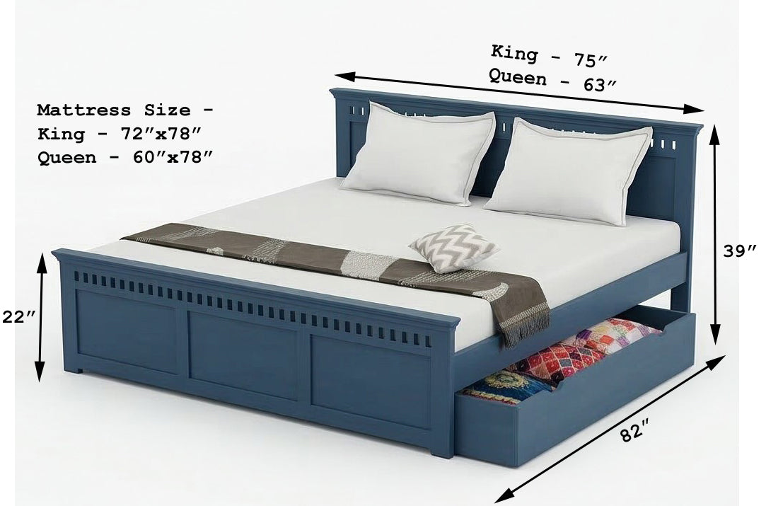 Indigo Blue Solid Wood Bed with Pull-Out Storage Drawer