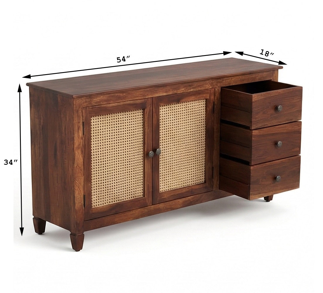 Solid Wood Cane Sideboard Cabinet Wooden Storage Console with Drawers