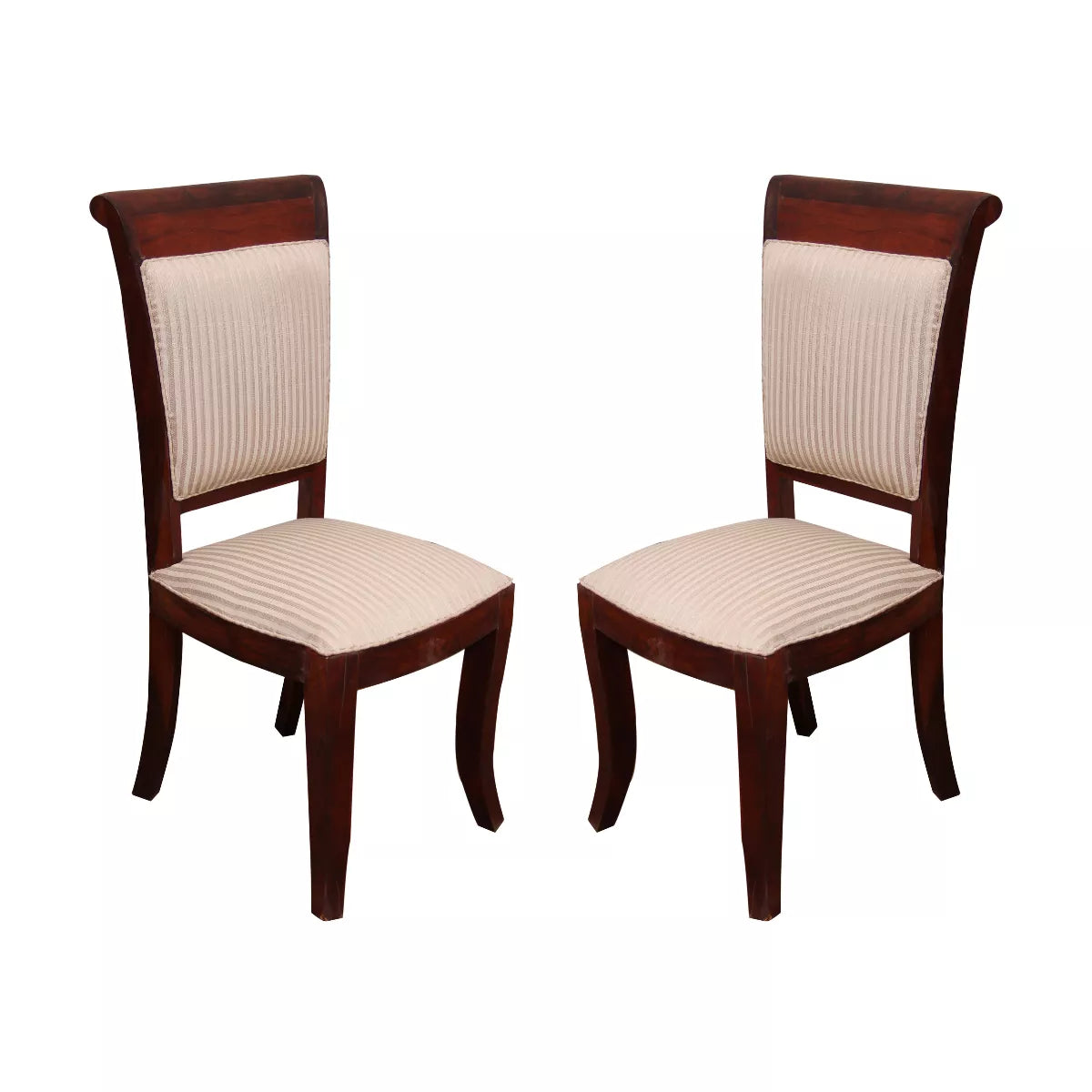 Two wooden chairs with beige cushioned seats and backrests on a white background