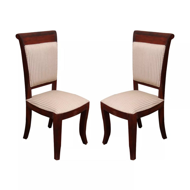 Two wooden chairs with beige cushioned seats and backrests on a white background
