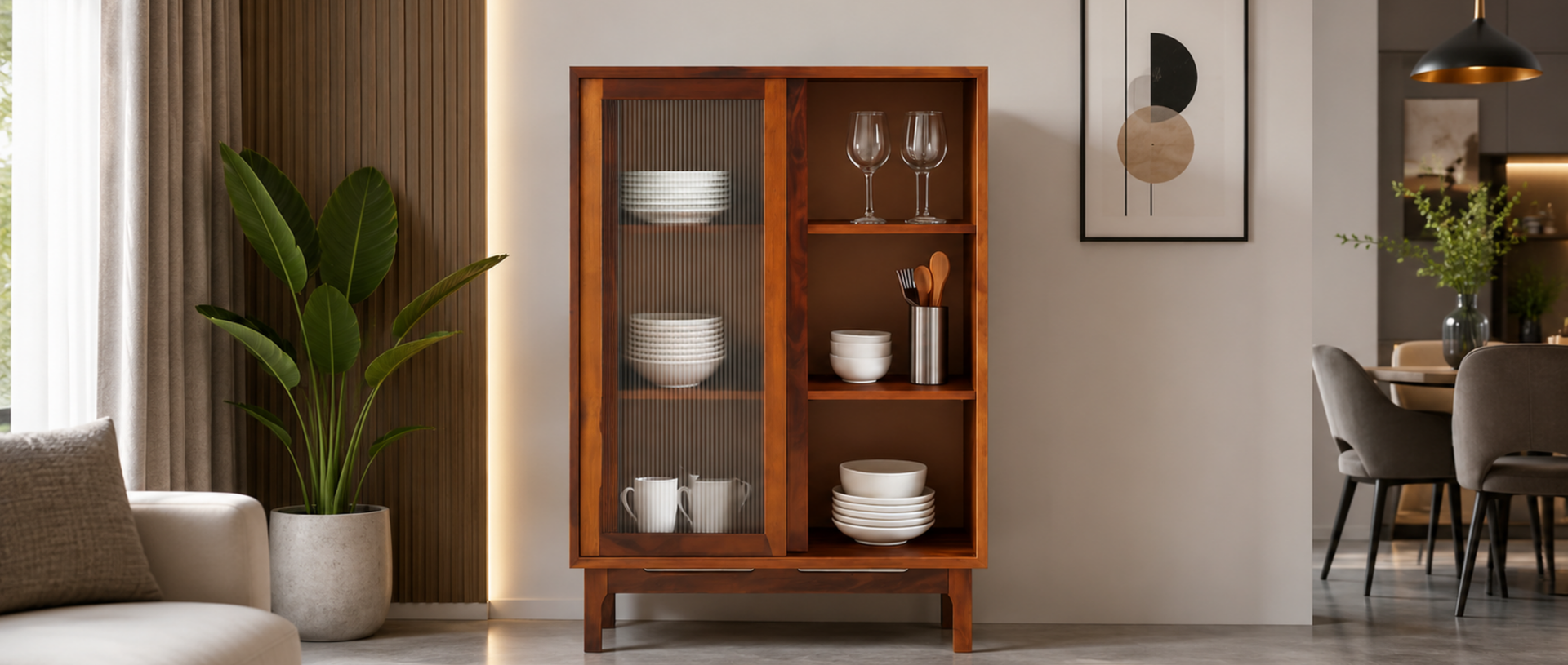 Verona Sheesham Glass Cabinet with Fluted Sliding Doors By Induscraft

