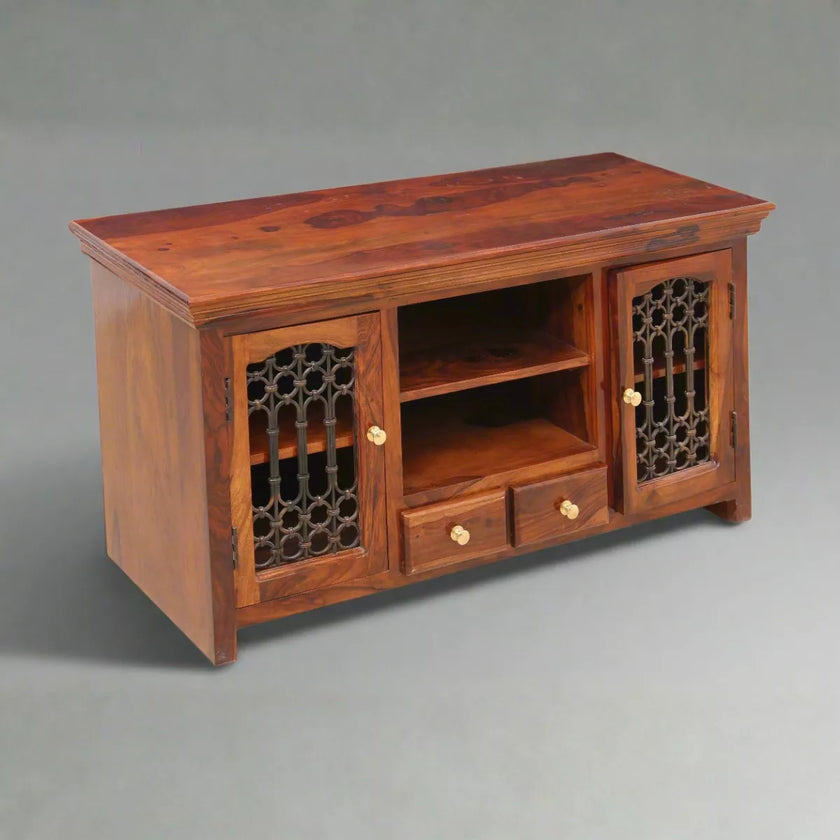 Vintage Sheesham Open Shelf TV Unit with Doors and Drawers