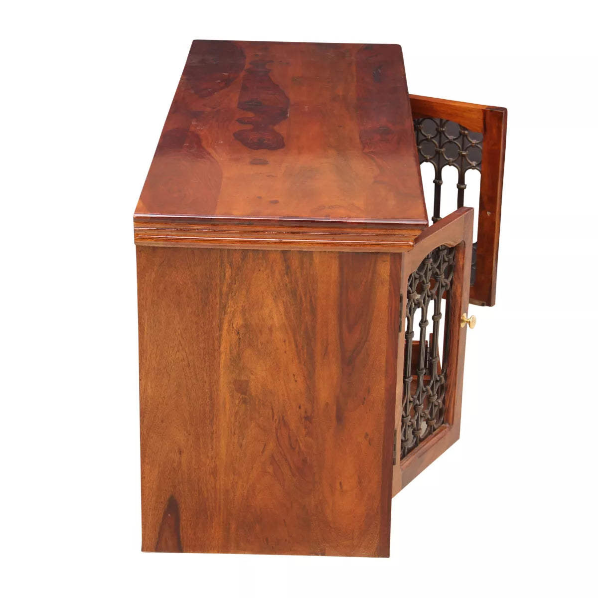 Vintage Sheesham Wood Open Shelf TV Unit with Doors and Drawers