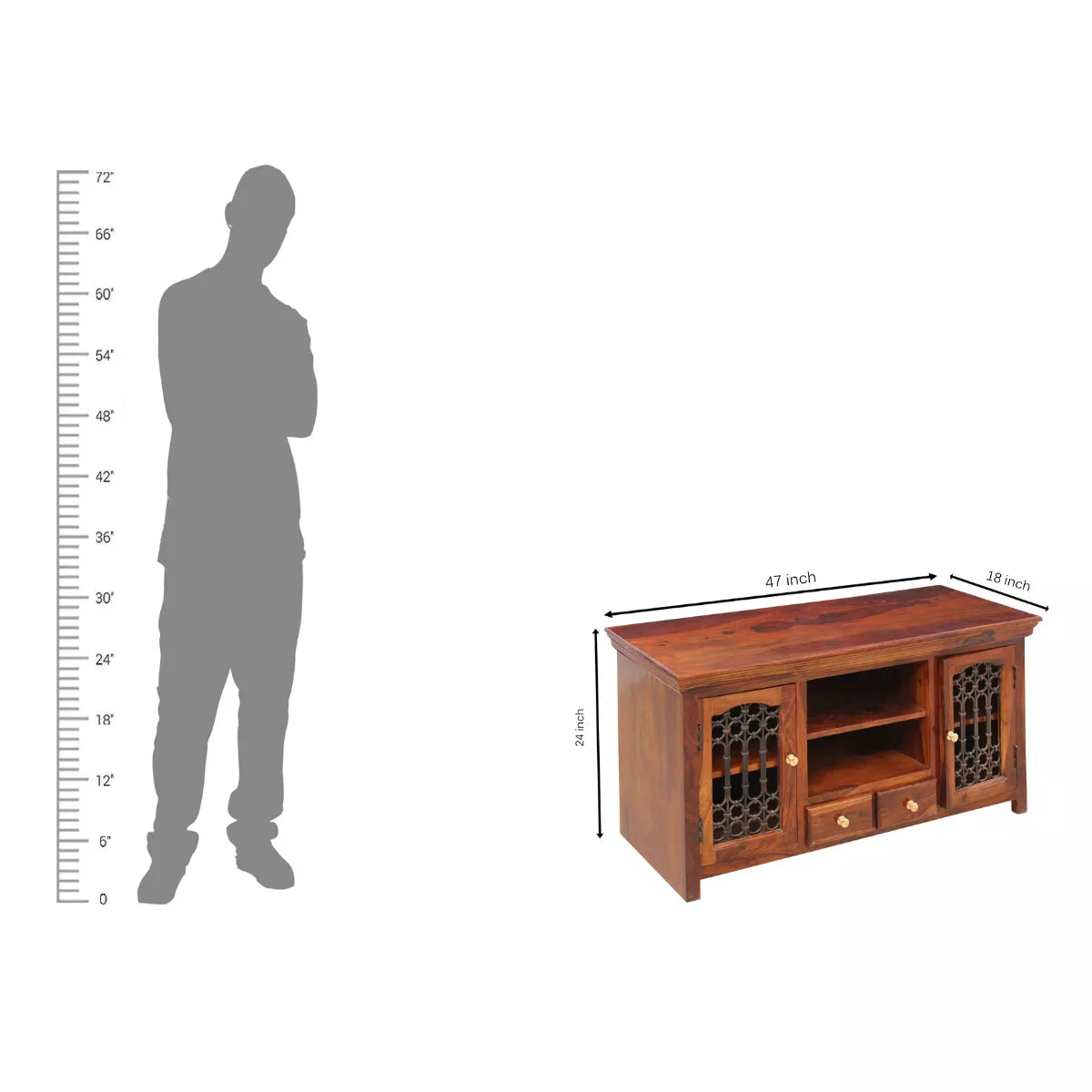 Vintage Sheesham Wood Open Shelf TV Unit with Doors and Drawers