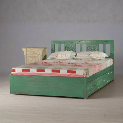 Vintage Solid Wood Pastel Green Platform Bed with Carved Headboard