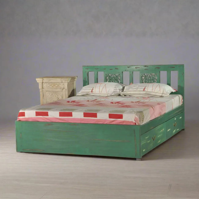 Vintage Solid Wood Pastel Green Platform Bed with Carved Headboard