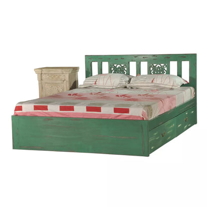 Vintage Solid Wood Pastel Green Platform Bed with Carved Headboard