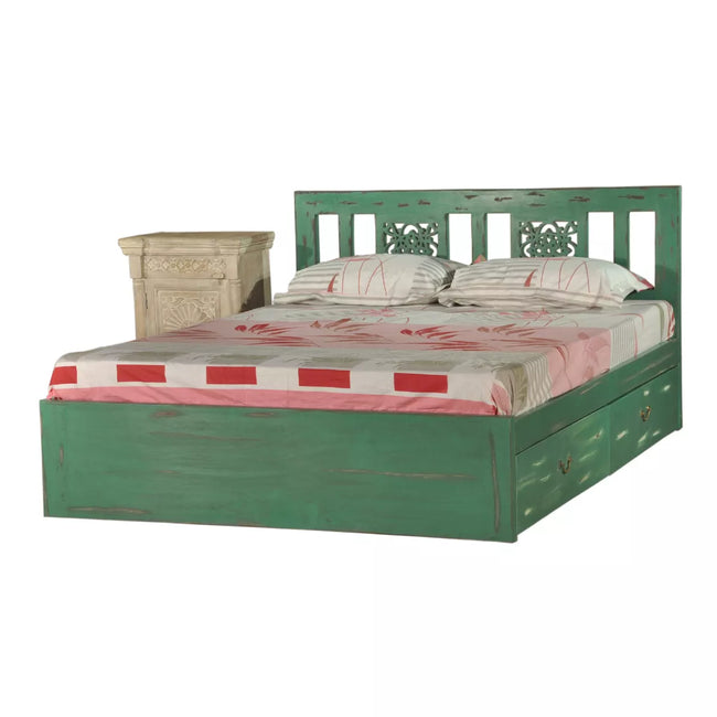 Vintage Solid Wood Pastel Green Platform Bed with Carved Headboard