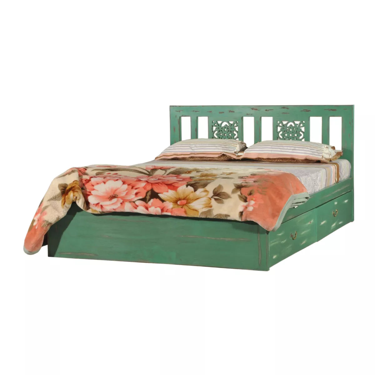 Vintage Solid Wood Pastel Green Platform Bed with Carved Headboard