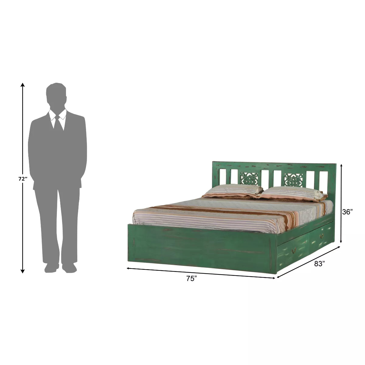 Vintage Solid Wood Pastel Green Platform Bed with Carved Headboard