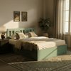 Vintage Solid Wood Pastel Green Platform Bed with Carved Headboard