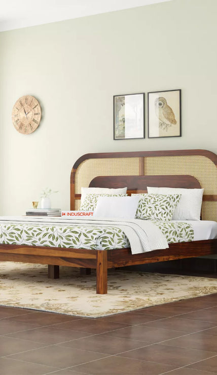 WC83 Mid-Century Modern Sheesham Wood Bed with Arched Cane Headboard - Induscraft