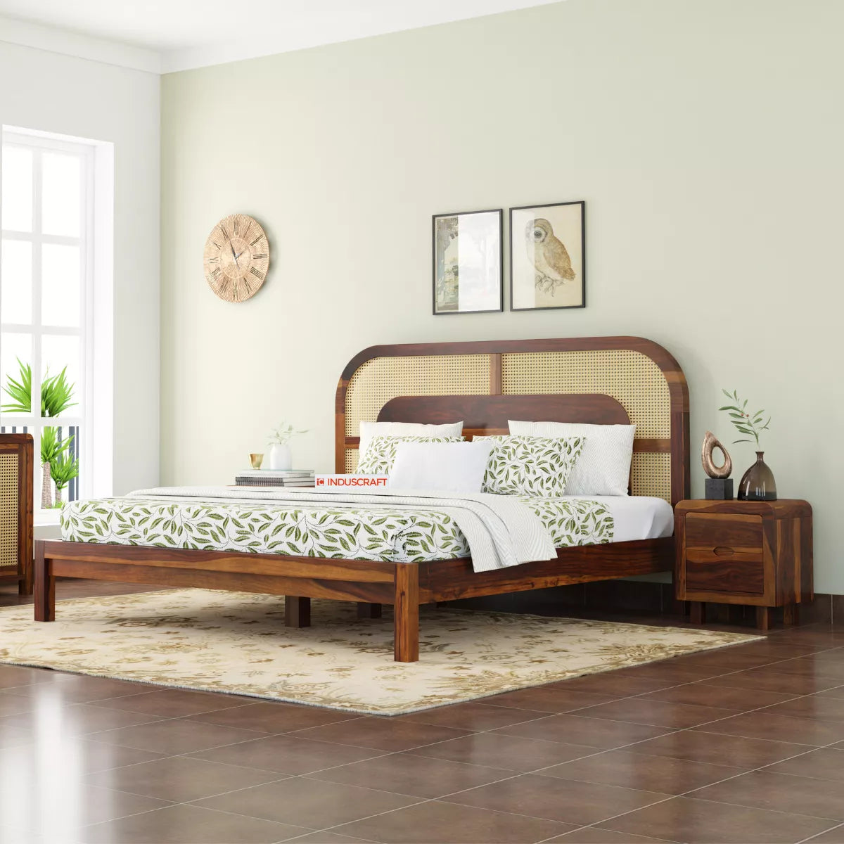 WC83 Mid-Century Modern Sheesham Wood Bed with Arched Cane Headboard - Induscraft