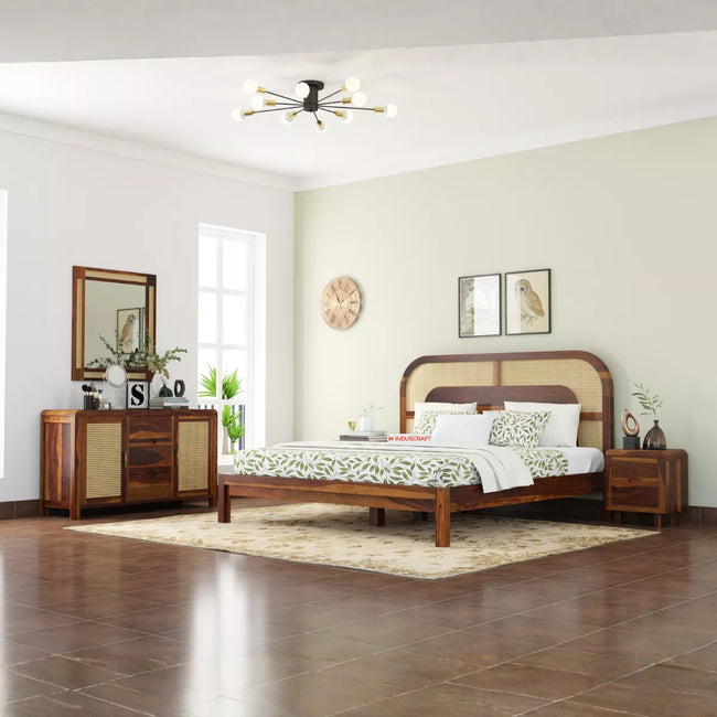 WC83 Mid-Century Modern Sheesham Wood Bed with Arched Cane Headboard - Induscraft