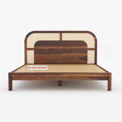 WC83 Mid-Century Modern Sheesham Wood Bed with Arched Cane Headboard
