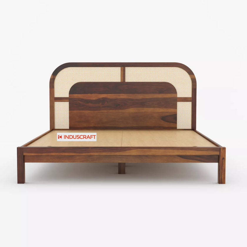 WC83 Mid-Century Modern Sheesham Wood Bed with Arched Cane Headboard - Induscraft