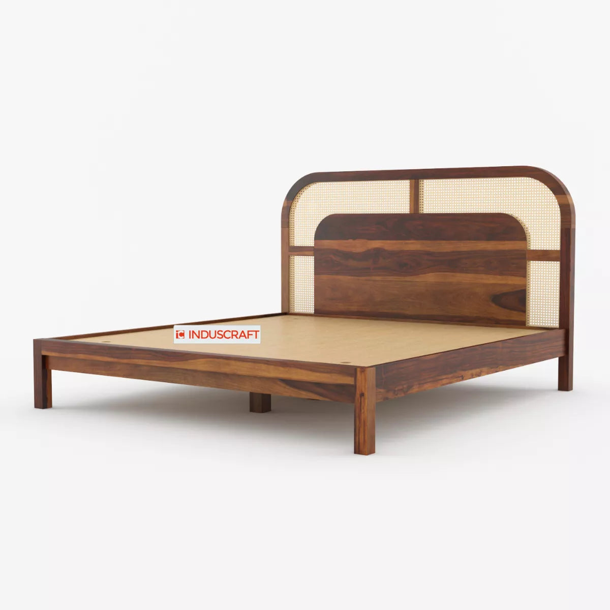 WC83 Mid-Century Modern Sheesham Wood Bed with Arched Cane Headboard