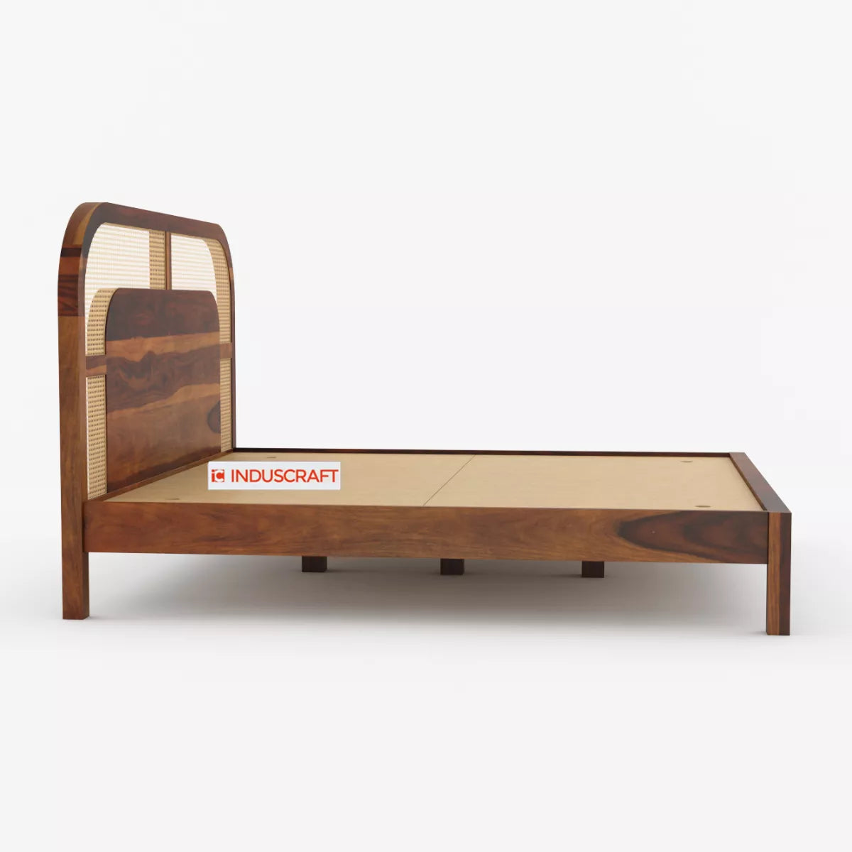 WC83 Mid-Century Modern Sheesham Wood Bed with Arched Cane Headboard - Induscraft