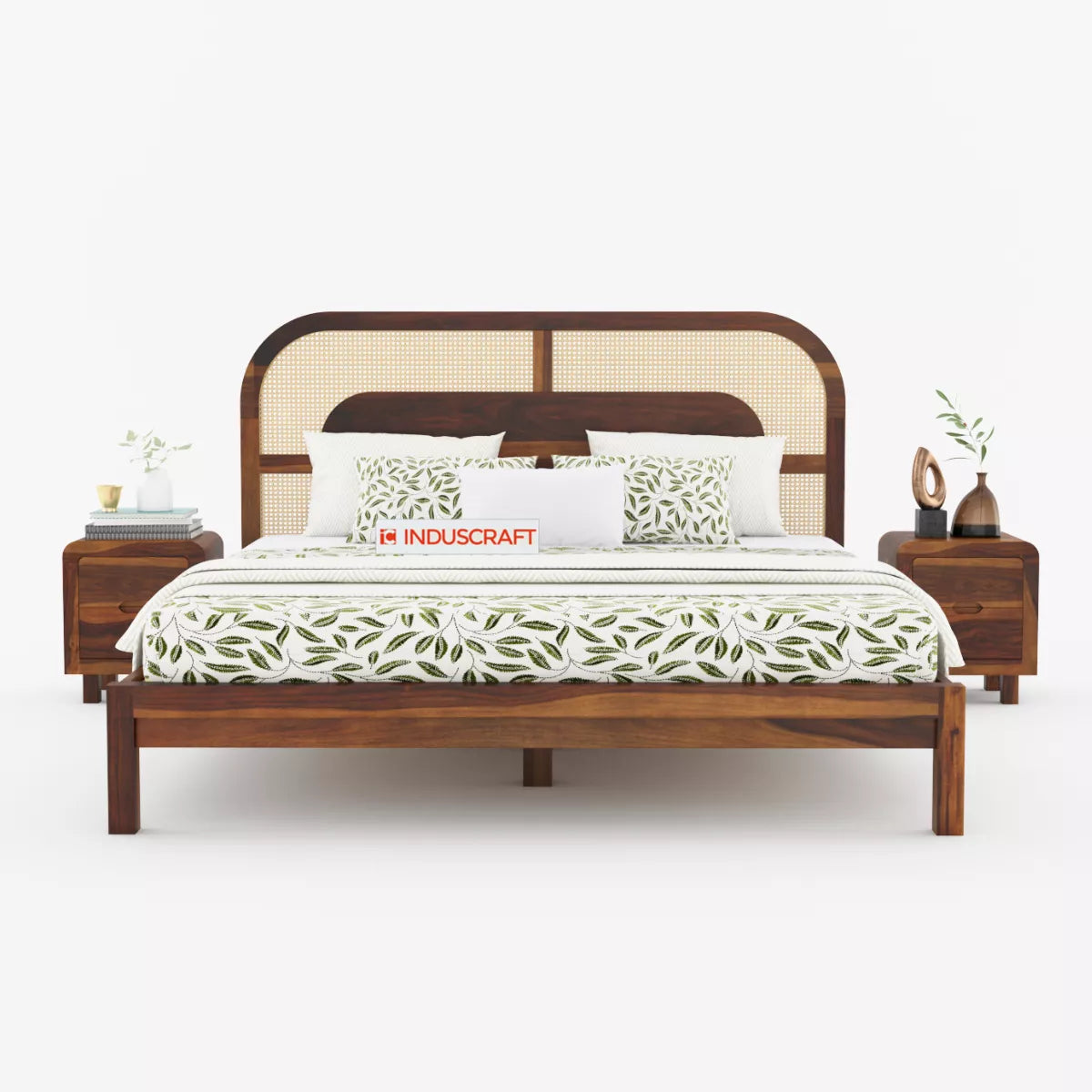 WC83 Mid-Century Modern Sheesham Wood Bed with Arched Cane Headboard - Induscraft