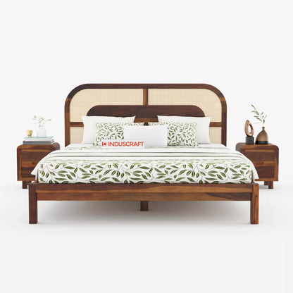 WC83 Mid-Century Modern Sheesham Wood Bed with Arched Cane Headboard