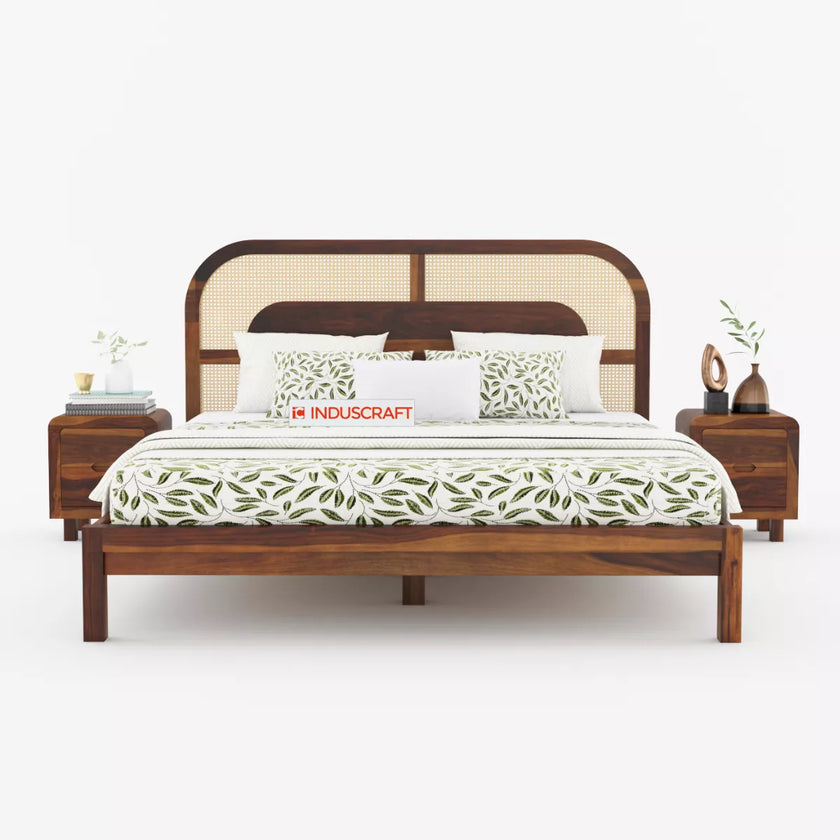 WC83 Mid-Century Modern Sheesham Wood Bed with Arched Cane Headboard - Induscraft