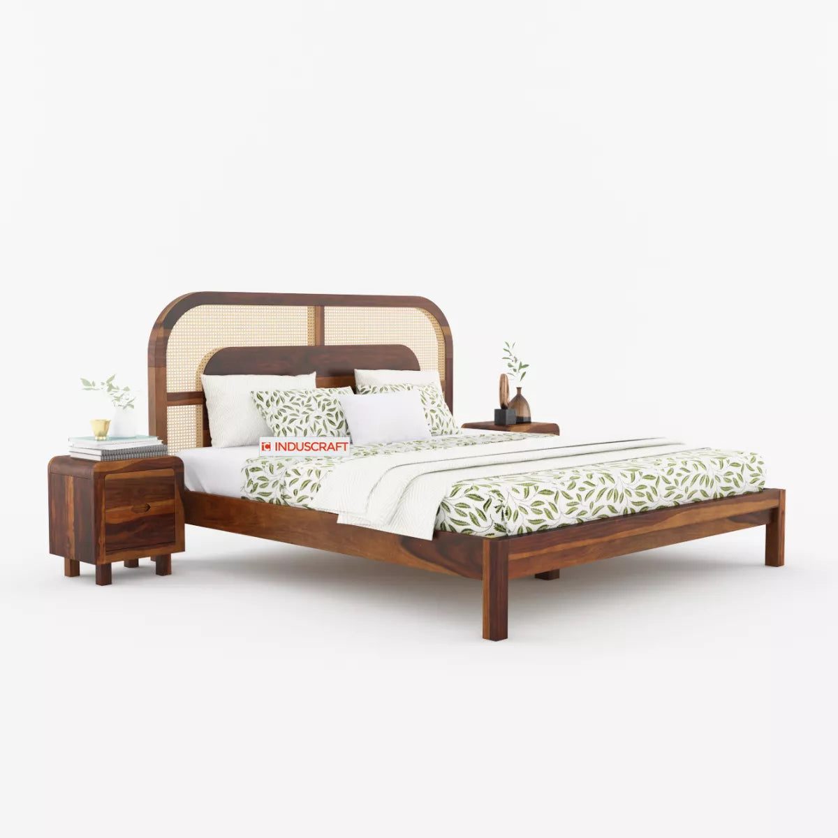 WC83 Mid-Century Modern Sheesham Wood Bed with Arched Cane Headboard