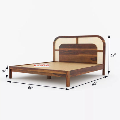 WC83 Mid-Century Modern Sheesham Wood Bed with Arched Cane Headboard