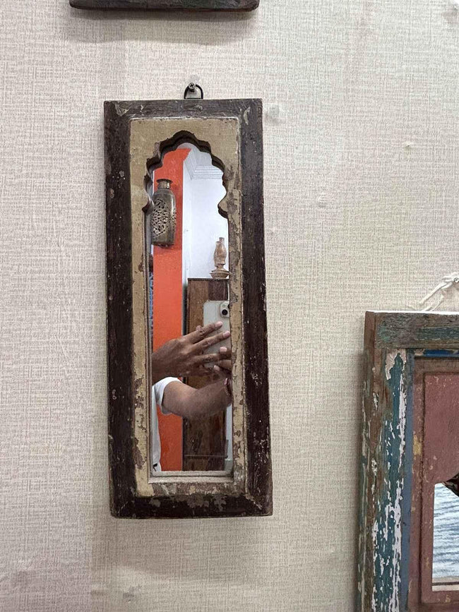 Brown and Beige Distressed Replica Long Mirror for Decor