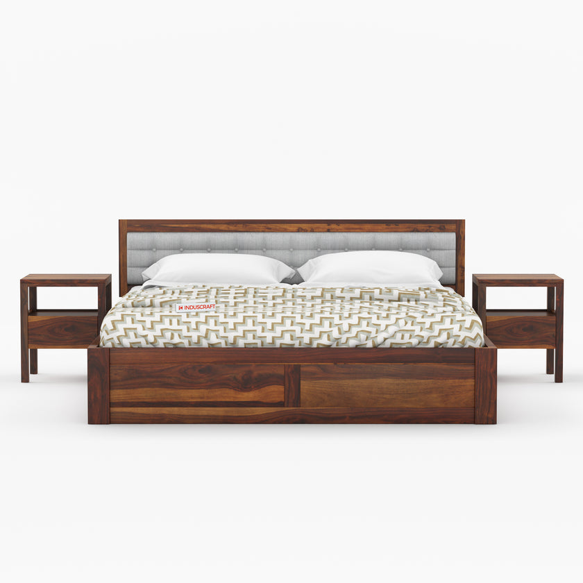 Woofa Sheesham Wood Modern Bed with Cushioned Headboard