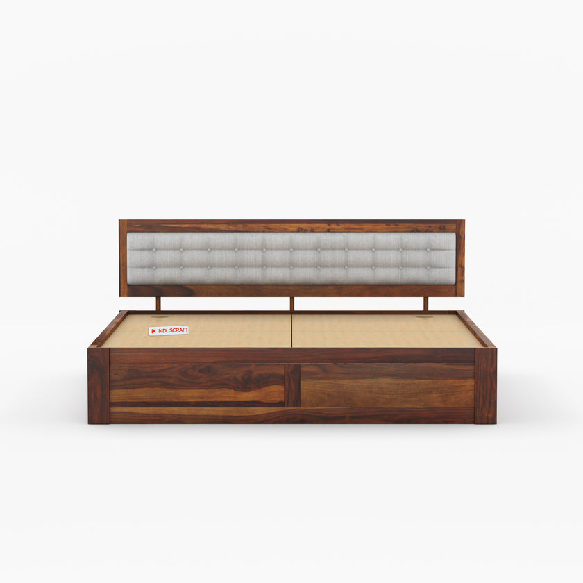 Woofa Sheesham Wood Modern Bed with Cushioned Headboard