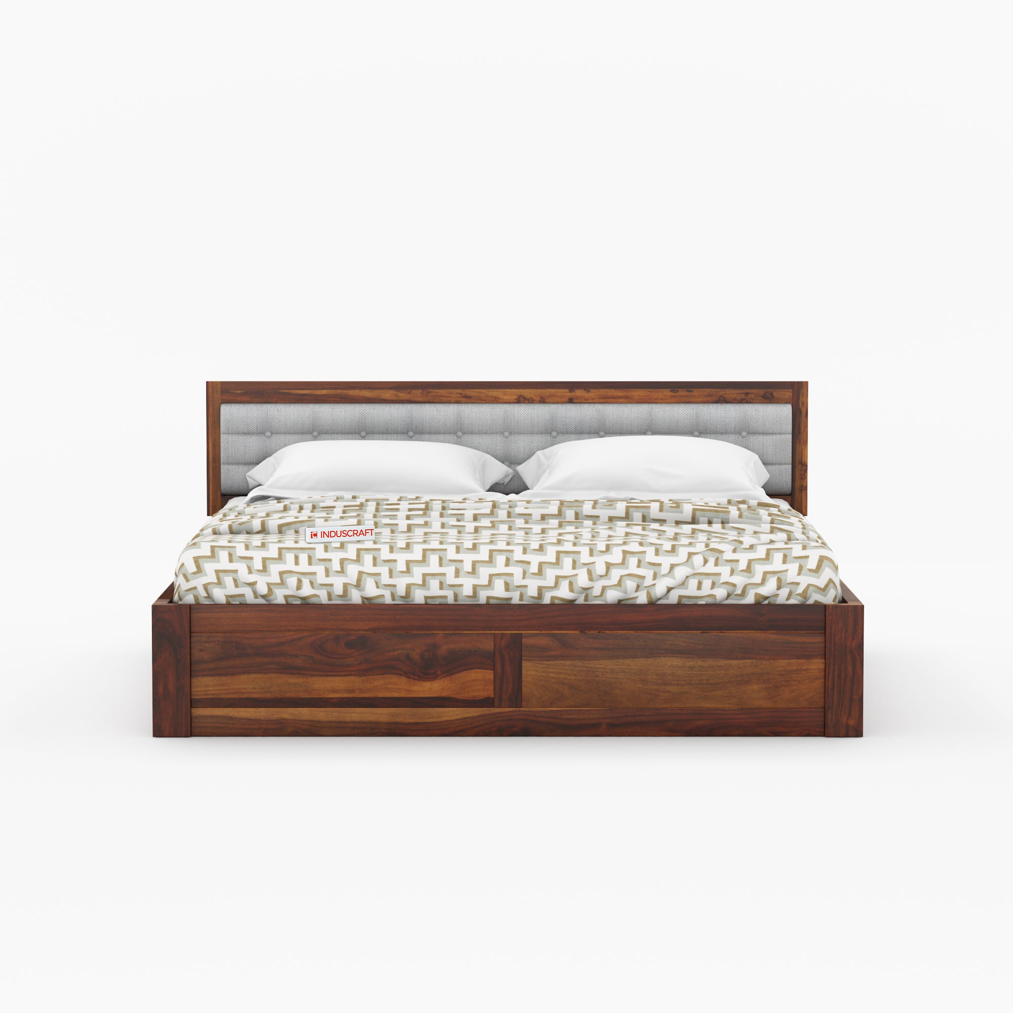 Woofa Sheesham Wood Modern Bed with Cushioned Headboard